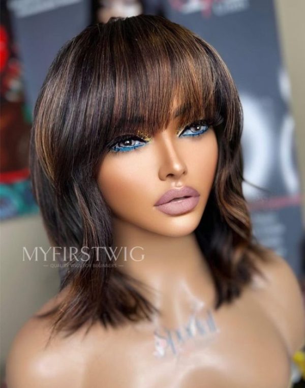 perruque lace wig bob brune frange