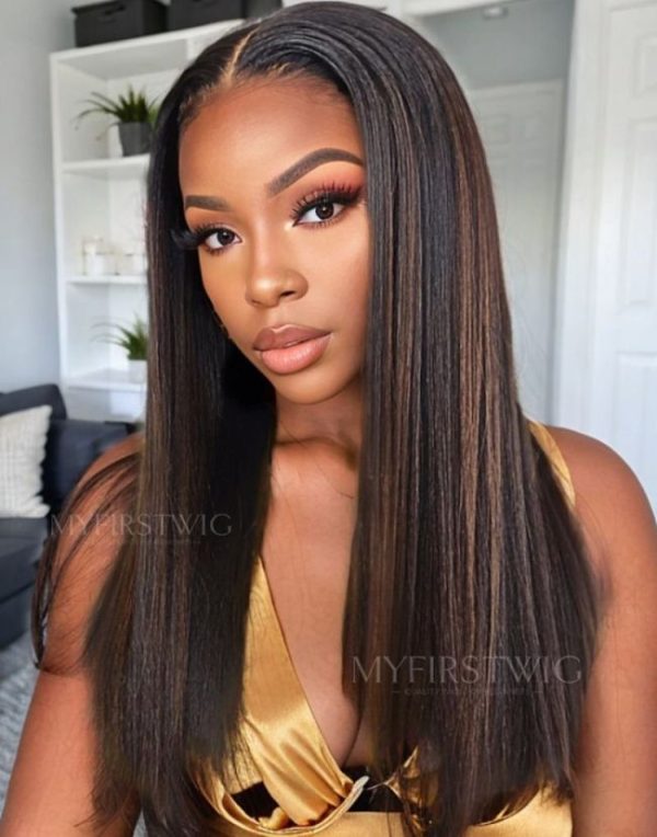perruque lace wig brune à reflets Yaki